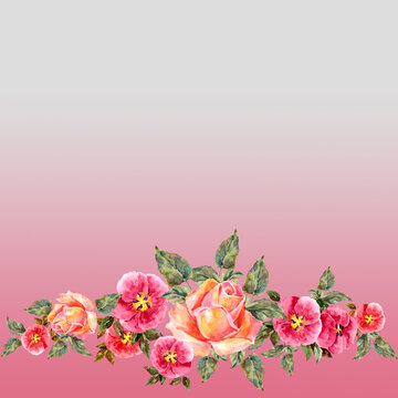 Garland flowers rose painted in watercolor. Floral bouquet on colorful background.