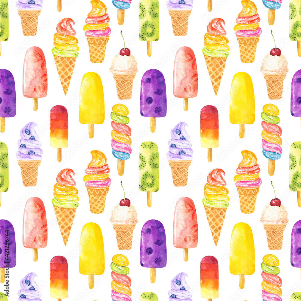 Wall mural seamless pattern with watercolor ice cream isolated on white background.