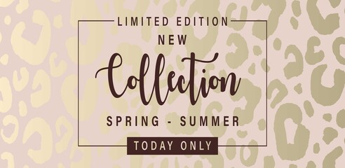 Spring pink gold new collection special offer limited edition,horizontal banner gold grunge patina leopard background.Fashion chic elegance artistic template for new collection sign board vector flyer © IrkoValenko