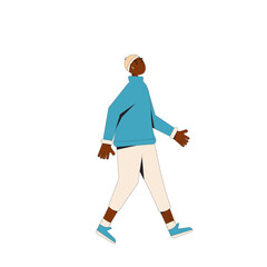 African american man. Young male character wearing in casual clothes walking with earphones isolated on a white background. Vector line illustration.