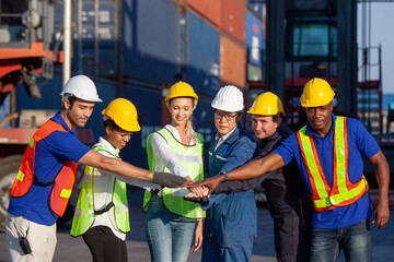 Workers Join Hand for Collaboration in the container yard. Business logistic concept, Import and export concept. Workers hands touching and Join Hand for Collaboration for successfully