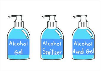 Hand sanitizer pump bottle, washing gel, alcohol gel in pumping bottle, with alcohol gel, alcohol hand gel and alcohol sanitizer label. Vector Illustration