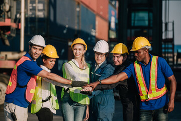 Workers Join Hand for Collaboration in the container yard. Business logistic concept, Import and export concept. Workers hands touching and Join Hand for Collaboration for successfully