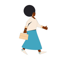 African american woman. Female character wearing in formal clothes walking isolated on a white background. Vector line illustration.