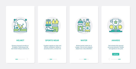 Sport equipment vector illustration. UX, UI onboarding mobile app page screen set with line sportswear and sportsman head safety protective helmet to protect health, water bottle, prize award bowl