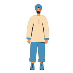 Indian man wearing in casual clothes and turban standing isolated on a white background. Vector line illustration.