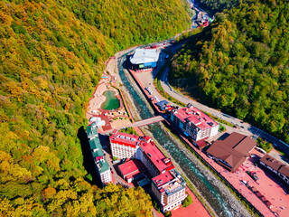 Rosa Khutor aerial panoramic view. Rosa Khutor is an alpine ski resort located near Krasnaya Polyana town in Sochi region, Russia © saiko3p