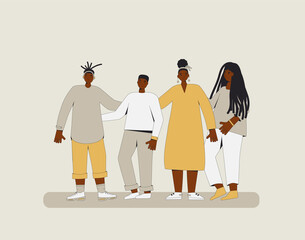 Group of african american teenagers standing together. Young female and male friends wearing in casual clothes. Boys and girls. Vector line illustration.