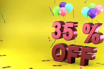 3d rendering of Thirty Five Percent Off, Different Ballon Color and Yellow Theme. perfect for background, presentation, miniature, add picture, advertisement 
product and mock up object.