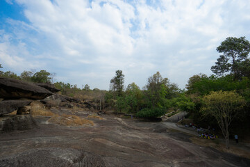 Phu Pha Thoep National Park a small protected area in Mukdahan Province east of Thailand near the border to Laos with cloudy blue sky background