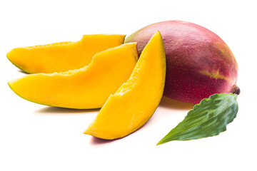Red ripe mango fruit and slices isolated on white background. Tropical fruit mango close up studio shot