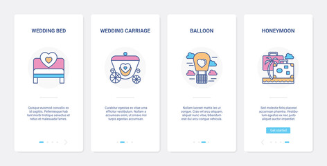 Wedding, honeymoon travel vector illustration. UI, UX onboarding mobile app page screen set with line bed for love night of married couple, car carriage for wedding day celebration party, trip cruise