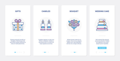 Wedding gift decoration vector illustration. UI, UX onboarding mobile app page screen set with line festive decorative candles, bouquet of flowers, cake and food for wedding day party celebration