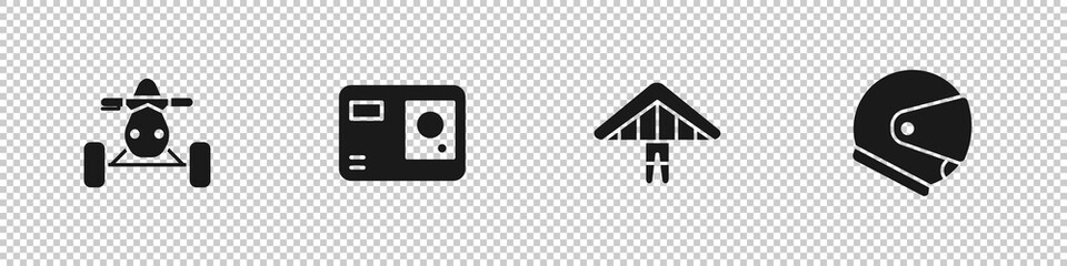Fototapeta premium Set ATV motorcycle, Action extreme camera, Hang glider and Helmet icon. Vector