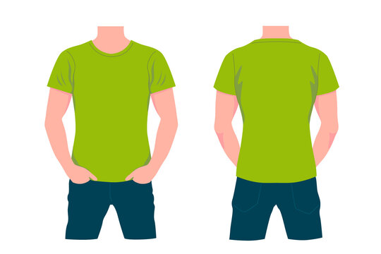 Man In Green Tshirt And Blue Jeans. Male Character With Front And Back View Stylishly Dressed In Trendy Modern Style With Hands In Vector Pockets