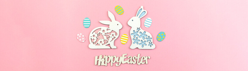 Happy Easter background with text and cute bunny with easter eggs, banner concept