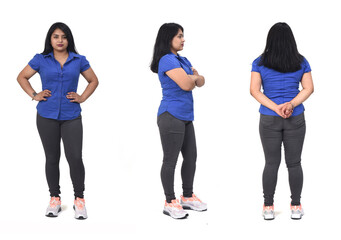 Fototapeta premium Full portrait of a woman back front and side view on white background