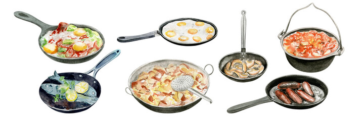 Hand drawn watercolor food camping picnic elements. Food, eating