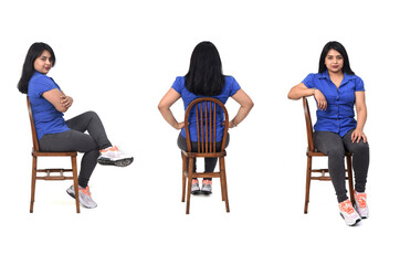 group of same woman of back, front and side with jeans, shirt and snickers on white background