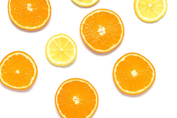 Flat lay slices of orange and lemon isolated on white background. Top view.