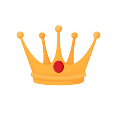 Gold royal crown. Luxurious yellow headdress kings with red sapphire in center jewelry imperial symbol of vector power.