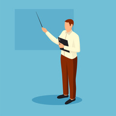 Teacher conducts lesson isometric illustration. Male character with pointer and in business suit giving lecture near vector board.