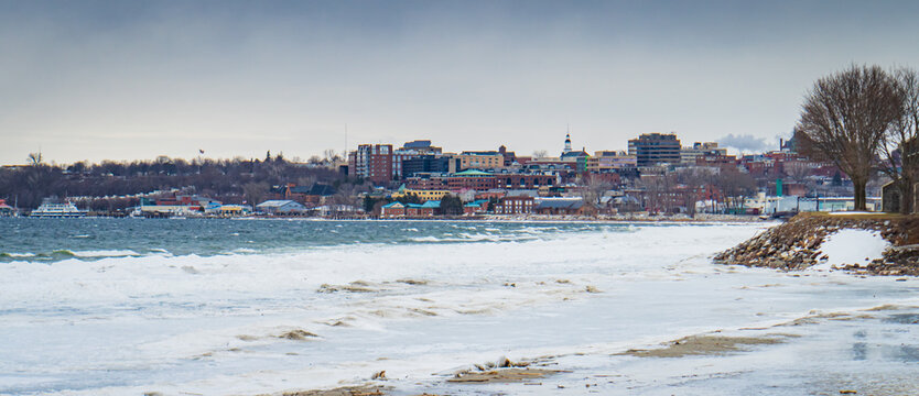 View Of Burlington, Vermont Waterfront On Lake Champlain From Oakledge Park's  Winter Coast Line
