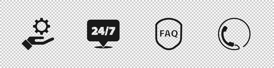 Set Settings in the hand, Clock 24 hours, Shield with text FAQ and Telephone support icon. Vector