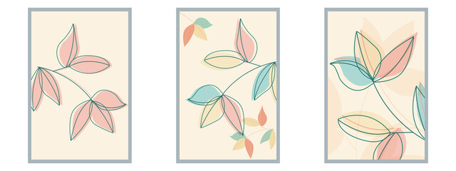 Botanical Wall Art Vector Poster Spring Contour Set. Minimalist Foliage with Abstract Simple Shape.