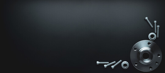 Sapre parts. Auto motor mechanic spare or automotive piece on dark banner background. Set of new...