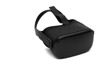 Black VR mask on white background.  Virtual reality wireless headset and system