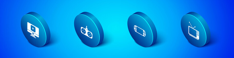 Set Isometric Online play video, Portable game console, Retro tv and Gamepad icon. Vector