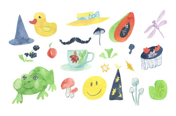 Celestian  watercolor illustration set for Halloween. Collection with frog, hats, mustache, mushrooms and smiley face on white isolated background.Designs for social media, posters, stickers.