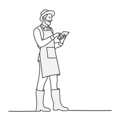 Man farming in work clothes uses a tablet. Hand drawn vector illustration.