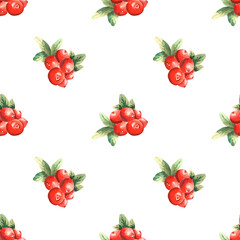 Watercolor summer pattern with lingonberry on white background. Hand drawn food collection with berries. Perfect for cosmetics and perfumes, culinary books, magazines, textiles.