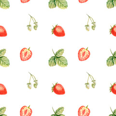 Watercolor summer pattern with strawberry on white background. Hand drawn food collection with berries. Perfect for cosmetics and perfumes, culinary books, magazines, textiles.