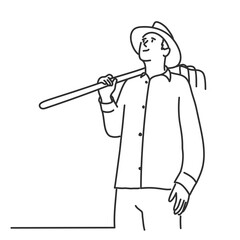 Farmer with a hat with a pitchfork on his shoulde. Hand drawn vector illustration.