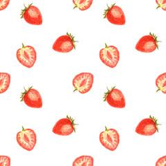 Watercolor summer pattern with strawberry on white background. Hand drawn food collection with berries. Perfect for cosmetics and perfumes, culinary books, magazines, textiles.