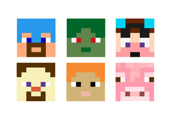 Set of pixel avatars. Heroes game concept. Avatars concept of game characters. Vector illustration.