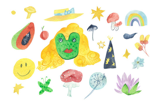 Celestian  watercolor illustration set for Halloween. Collection with frog, hats, rainbow, mushrooms, papaya, smiley face on white isolated background.Designs for social media, posters, stickers