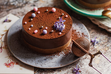 Plate with slice of tasty homemade chocolate cake on table