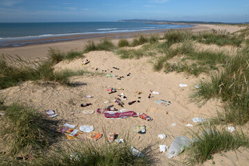 Litter discarded at beauty spot, Camber Sands, Camber, near Rye, East Sussex, England, United Kingdom, Europe