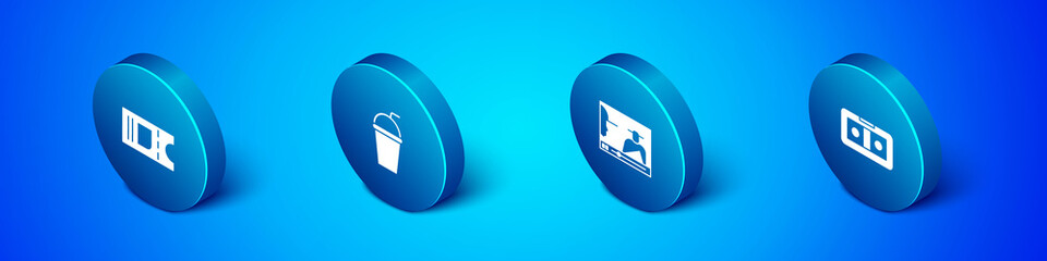 Set Isometric Cinema ticket, Online play video, VHS cassette tape and Paper glass with straw icon. Vector