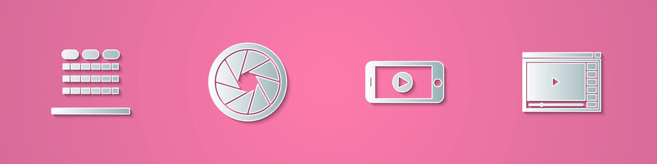 Set paper cut Cinema auditorium with seats, Camera shutter, Online play video and icon. Paper art style. Vector