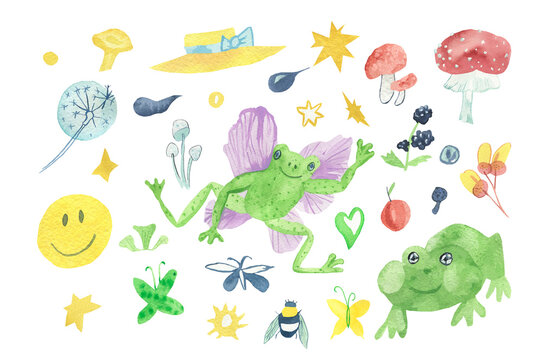 Celestian watercolor illustration set for Halloween.Collection with frog with butterfly wings,hats,bumblebee,mushrooms,tadpoles,smiley face on white isolated background.Design for posters,stickers