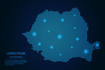 Abstract image Romania map from point blue and glowing stars on a dark background. vector illustration. - obrazy, fototapety, plakaty