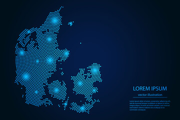 Abstract image Denmark map from point blue and glowing stars on a dark background. vector illustration. - obrazy, fototapety, plakaty