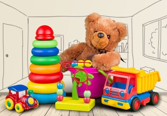 Many colorful toys collection on the desk