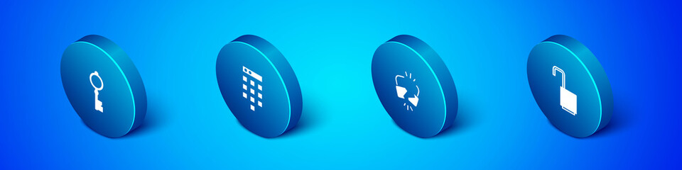Set Isometric Old key, Broken or cracked lock, Open padlock and Password protection icon. Vector