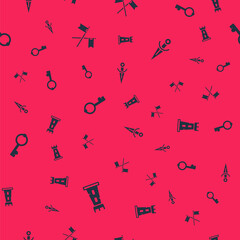 Set Castle tower, Crossed medieval flag, Old key and Dagger on seamless pattern. Vector